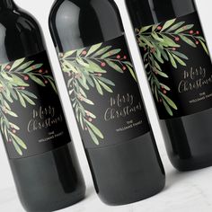 Branches Berries Christmas Holiday Black Wine Labels Black Christmas Party, Personalize Wine Bottle Labels, Ideas Regalos