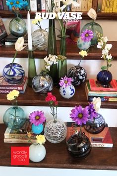 there are many vases with flowers in them on the shelves next to each other