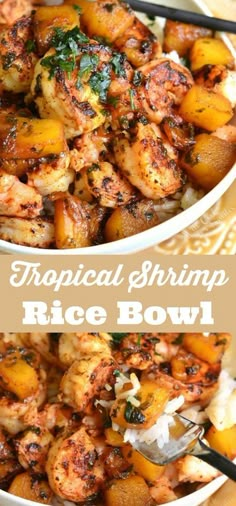 two bowls filled with rice and shrimp