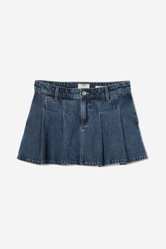 Pleated Denim Mini Skirt Pleated Denim Skirt For Fall, Pleated Medium Wash Cotton Denim Skirt, Pleated Denim Mini Skirt, Denim Pleated Skirt, Pleated Denim Skirt, Pleated Denim, Flared Leggings, Long Sleeve And Shorts, Cheeky Bikinis