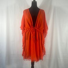 Orange Bathing Suit Cover,Sheer, Tunic,Deep V Neck, Adjustable Tie Waist,Tassels, Xl Get Ready For Your Summer Fun In The Sun With This Orange Bathing Suit Cover! You Will Feel Sexy, And Free With Some Whimsy!! New Without Tags. Vacation V-neck Kaftan With Tassel Ties, V-neck Beach Dress With Tassels For Vacation, Bohemian V-neck Tie Waist Cover-up, Beachwear V-neck Cover-up With Tassels, Summer V-neck Top With Tassels, Summer V-neck Tops With Tassels, Casual V-neck Cover-up With Tassels, Summer V-neck Cover-up With Tassels, Summer V-neck Tassel Cover-up