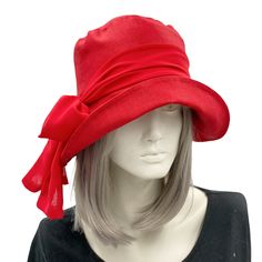 Red linen 20s Style Cloche Hat with Red Chiffon Scarf Boston Millinery  short hair front view Flapper Fashion, Bespoke Hats, 20s Style, Boardwalk Empire, Red Chiffon, 20s Fashion, Flapper Style, Millinery Hats, Cloche Hat