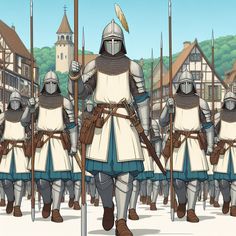 a group of knights walking down a street next to each other