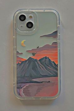 an iphone case with a painting of mountains and the moon in the sky above it