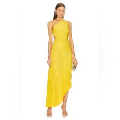 Brand New 100% Polyester Made In China Machine Wash Unlined Hidden Side Zipper Closure One Shoulder Styling With Elasticized Side Cut-Out Lightweight Chiffon Pliss Fabric Revolve Style No. Alx-Wd424 Manufacturer Style No. 6dres01616 Elegant Yellow Pleated Maxi Dress, Elegant Yellow Pleated Dress, Yellow Ruched Evening Dress, Yellow Fitted Pre-draped Dress, Yellow Pleated Dress For Cocktail, Yellow Pleated Dress For Cocktail Occasions, Elegant Yellow Pleated Midi Dress, Spring Cocktail Evening Dress With Pre-draped Style, Spring Cocktail Evening Dress Pre-draped