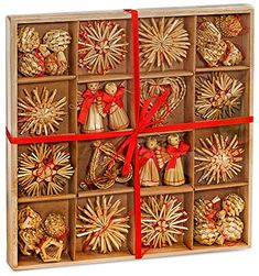 a wooden box filled with christmas ornaments