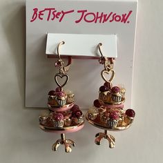 Tasty Drop Earrings Featuring Cupcakes On Tiered Stand With Pink, Red & White Icing Lever Back Closure Goldtone Approx. Length: 1 3/4” Coconut Earrings, Cupcake Jewelry, Bubble Earrings, Flamingo Earrings, Enamel Stud Earrings, Betsey Johnson Earrings, White Icing, Gothic Earrings, Baby Cakes