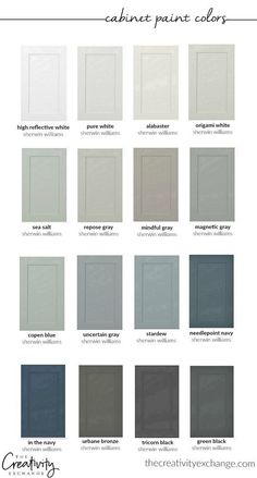 the different shades of paint that are used for kitchen cabinets and doors, including gray