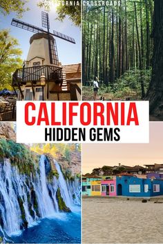 the california hidden gems is featured in this postcard with images of different buildings and trees