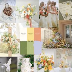 a collage of wedding photos with flowers and birds on the top, bottom right