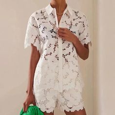 Discover the perfect blend of style and comfort with our Embroidery Hollow Out Two-Piece Set for women. Featuring a lapel short sleeve top and high-waist shorts, it's the ideal choice for a chic summer look! Shirt Collar Pattern, Looks Pinterest, Niche Design, Collar Blouse, Lace Shirt, Two Piece Set, Cotton Lace, Shirts & Tops, Short Sleeve Top