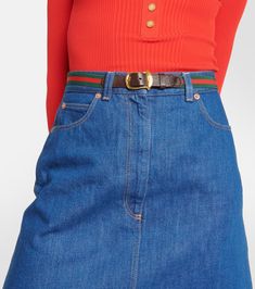 Web Stripe denim miniskirt in blue - Gucci | Mytheresa Spring Gucci Denim Bottoms, Gucci Denim Bottoms For Spring, Chic Mini Denim Skirt With Belt Loops, Chic Fitted Denim Skirt With Belt Loops, Fitted Denim Skirt With Belt Loops For Work, Name Dark, Gucci Denim, Style Web, Denim Miniskirt