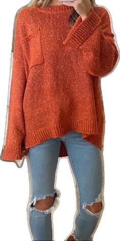 Casual Orange Knit Top For Fall, Burnt Orange Sweater, Orange Sweater, Flare Long Sleeve, Sweater Oversized, Sweater Oversize, Orange Sweaters, Orange Red, Soft Knits