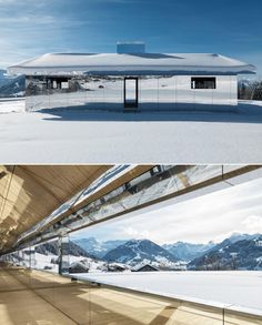 two images show the inside and outside of a building with snow covered mountains in the background