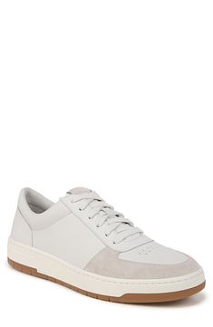 A contrast bumper sole pops on the heel of this charmingly understated sneaker crafted from soft calfskin leather with a durable, flexible rubber sole. Lace-up style Leather upper and lining/rubber sole Imported Calf Leather Sneakers With Gum Sole And Round Toe, Everyday Suede Sneakers With Leather Sole, Casual Calf Leather Sneakers With Gum Sole, Casual Sneakers With Calf Leather And Round Toe, Modern Slip-on Sneakers With Gum Sole, Calf Leather Sneakers With Perforated Toe Box, Comfortable Suede Sneakers With Leather Sole, Comfortable Low-top Sneakers With Leather Sole, Swift Leather Sneakers With Rubber Sole And Round Toe