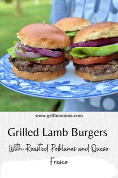 grilled lamb burgers with roasted potatoes and queso fries on a blue plate