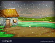 a house in the middle of the field with rain coming down on it and green grass