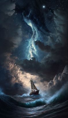 a boat floating on top of a body of water under a sky filled with stars