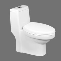 a white toilet sitting next to a wall mounted faucet on a gray background