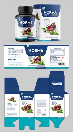 the packaging design for norma is shown in blue and white