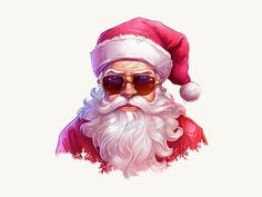 a santa claus wearing sunglasses and a red hat with his head tilted to the side