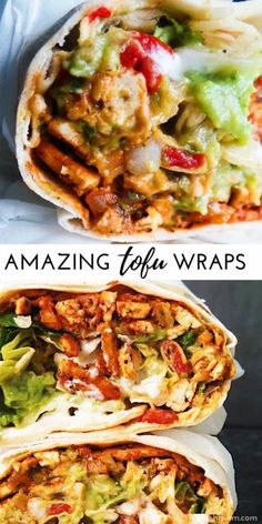 two burritos are stacked on top of each other with the words amazing tofu wraps