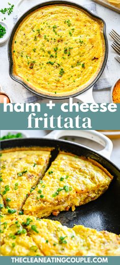 ham and cheese frittata in a skillet on a table with other dishes