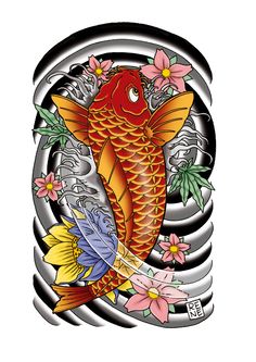 a koi fish with flowers on it's tail and the letter o in the background