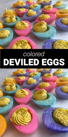 colorful deviled eggs with yellow frosting on them and the words colored deviled eggs