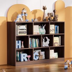 a bookshelf filled with lots of toys on top of a hard wood floor