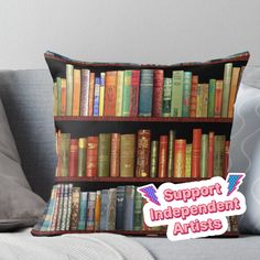 an image of a bookshelf full of books with the words support independent artists on it