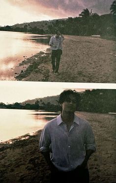 two pictures of a man standing on the beach