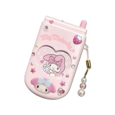 a pink cell phone with a hello kitty design on the front and a key chain attached to it