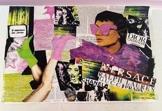 a collage of photos and text on paper with pink sunglasses, holding up a green hand