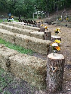 some hay bales sitting on the ground in front of trees and chairs with sunflowers