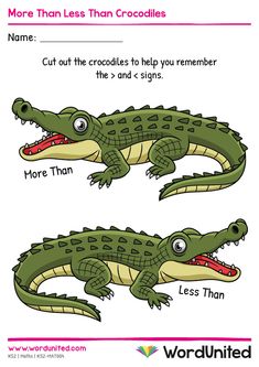 two crocodiles with the words more than less than crocodiles in english and spanish