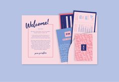 a pink and blue brochure with the words welcome written in black on it