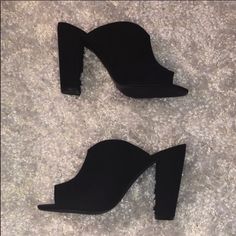 Nwt. Black Suede Heeled Mules. Size 9. Never Worn. Casual Heels With 4-inch Heel For Night Out, Black High Heel Platform Mules, Formal Open Toe Mules For Fall, Synthetic Mules For Party In Fall, Fall Party Mules With Padded Heel, Chic Fall Party Mules, Trendy Black Closed Toe Mules, Black Closed Toe Winter Heels, Black Closed Toe Heels For Winter