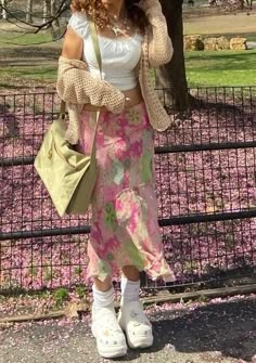 Flowers Outfit Aesthetic, Silk Midi Skirt Outfit Spring, Floral Clothing Aesthetic, How To Style Long Floral Skirt, Long Skirts Cute, Light Green And Pink Outfit, Fairy Core Pink Outfits, Hyper Feminine Outfits Summer, Soft Modest Outfits