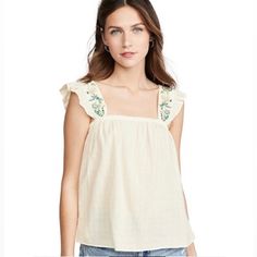 Madewell Brand Floral Embroidery Sleeve Tank Top. New With Tags. Size 2xl Can For A Xl Comfy Very Casual Sheik Beige Feminine Tops With Floral Embroidery, Feminine Embroidered Beige Tops, Beige Floral Embroidered Cotton Tops, Casual Beige Embroidered Summer Top, Summer Embroidered Cotton Top, Feminine Embroidered Beach Tops, Feminine Embroidered Tops For Day Out, Spring Beige Embroidered Cotton Top, Casual Beige Embroidered Top