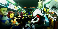 an animated image of people in a subway car with cartoon characters on the wall behind them