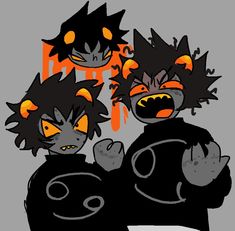 two cartoon characters with orange eyes and black hair