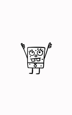 a black and white drawing of a square character with arms in the air, holding two fingers up