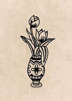 a drawing of a vase with flowers in it