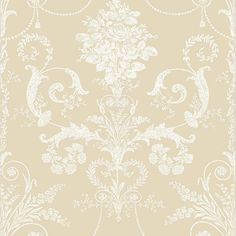 a beige and white wallpaper with an ornate design on the bottom half of it