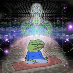 a cartoon frog is sitting on a rug in front of an abstract background with lights