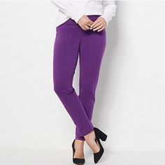 Brand New With Tags! Iman’s Global Chic Line Is Made To Be Able To Pack Easily For Your Next Adventure! Gorgeous Regal Purple Pants Come With 360 Degree Slimming Technology To Hold You In Comfortably And Feel As Good As You Look! Faux Pockets In Rear Keep Your Silhouette Sleek While Adding A Little Style. Easy Pull-On Pants Means No Fumbling With Buttons Or Zipper! Measures 14.5” At Waist Laying Flat Before Stretch And Has A 28.5” Inseam. Measures 39” From Waist To Hemline. Casual Purple Elastane Pants, Stretch Straight Leg Purple Pants, Purple Straight Leg Stretch Pants, Purple Stretch Straight Leg Pants, Purple Stretch Elastane Pants, Stretch Ankle-length Purple Pants, Fitted Purple Tapered Leg Bottoms, Purple Stretch Ankle-length Pants, Elegant Stretch Purple Pants