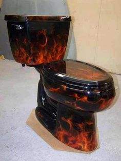 a toilet that has flames on it and the words, my toilet, after eating taco bell