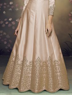 Ivory Beige Designer Embroidered Satin Silk Anarkali Gown-Saira's Boutique Anarkali Gown Floor Length, Silk Anarkali Gown, Wedding Reception Party, Light Sea Green, Resham Embroidery, Silk Anarkali, Top Satin, Anarkali Gown, Reception Party