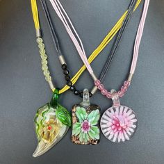 New With Tags Lot Of 3 Petals Art Glass Pendant Necklaces. 17-19” Length. Please Review Photos For Details. Black Flower Jewelry For Summer, Pink Flower Necklace For Summer Gift, Summer Pink Flower Necklace As A Gift, Pink Adjustable Flower Pendant Necklace, Glass Pendant Necklace, Glass Necklace, Glass Pendants, Green Colors, Pink And Green